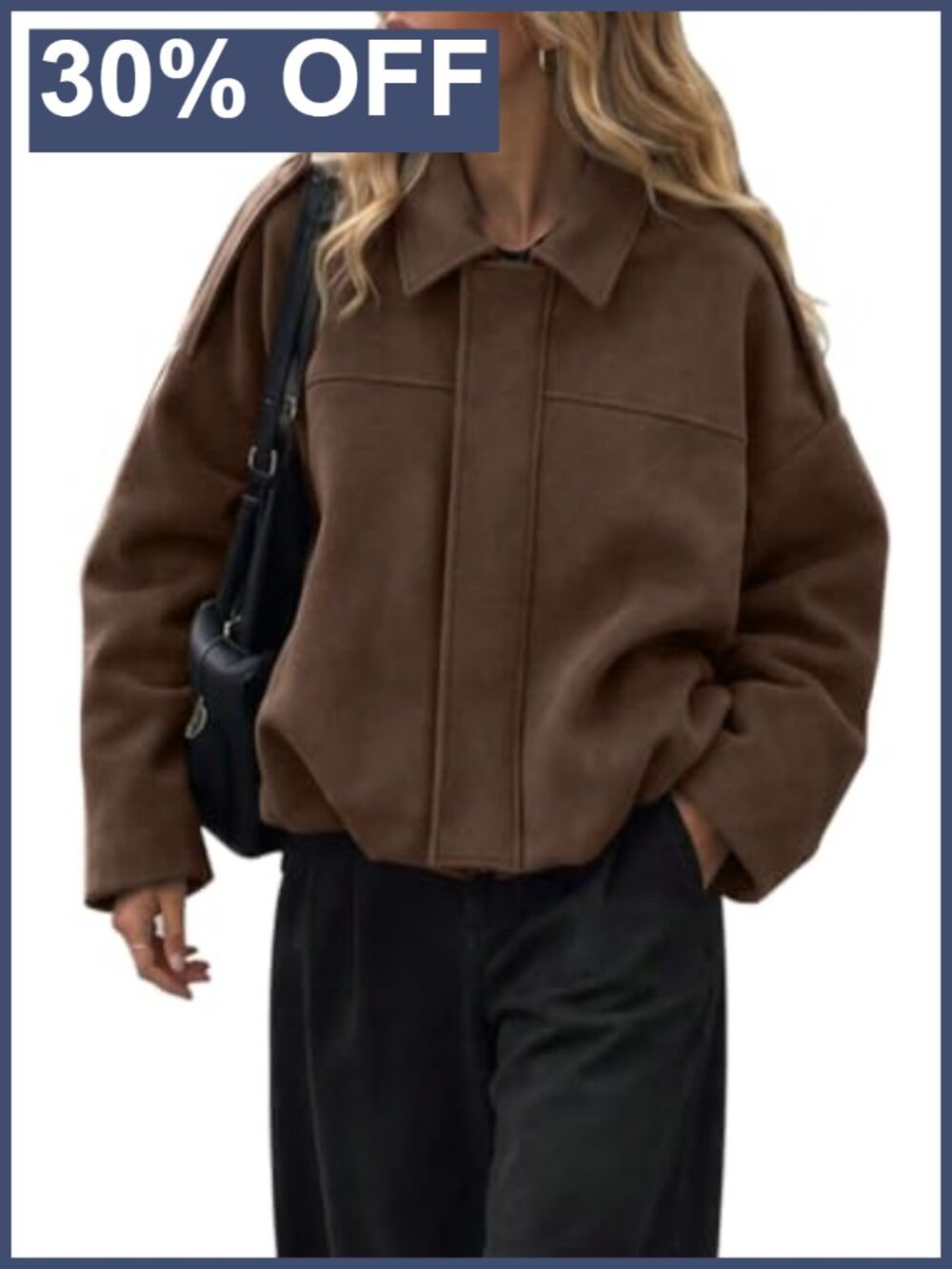 Oversized Faux Suede Bomber Jacket Batwing Sleeve Zip Up Fall Outerwear for